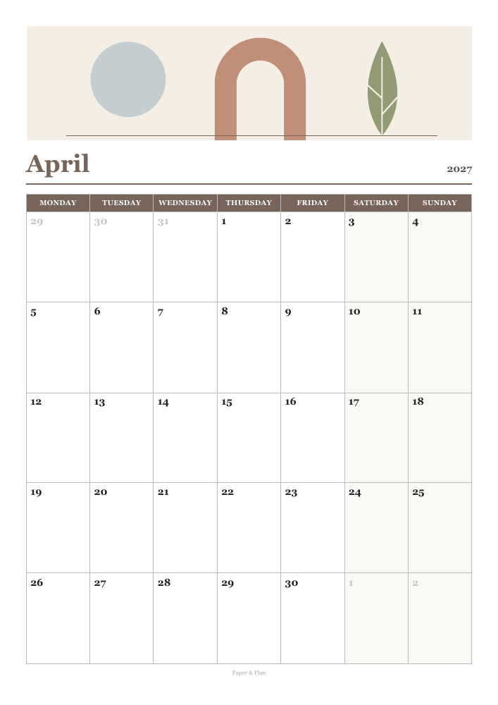 April 2027 Aesthetic calendar preview