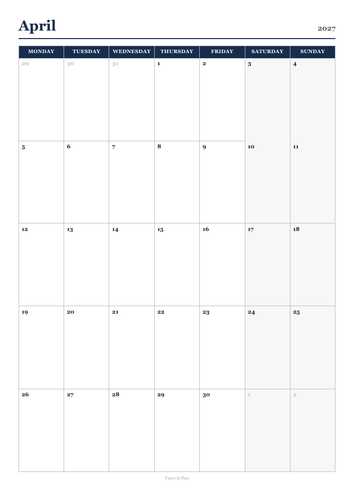 April 2027 Classic calendar preview
