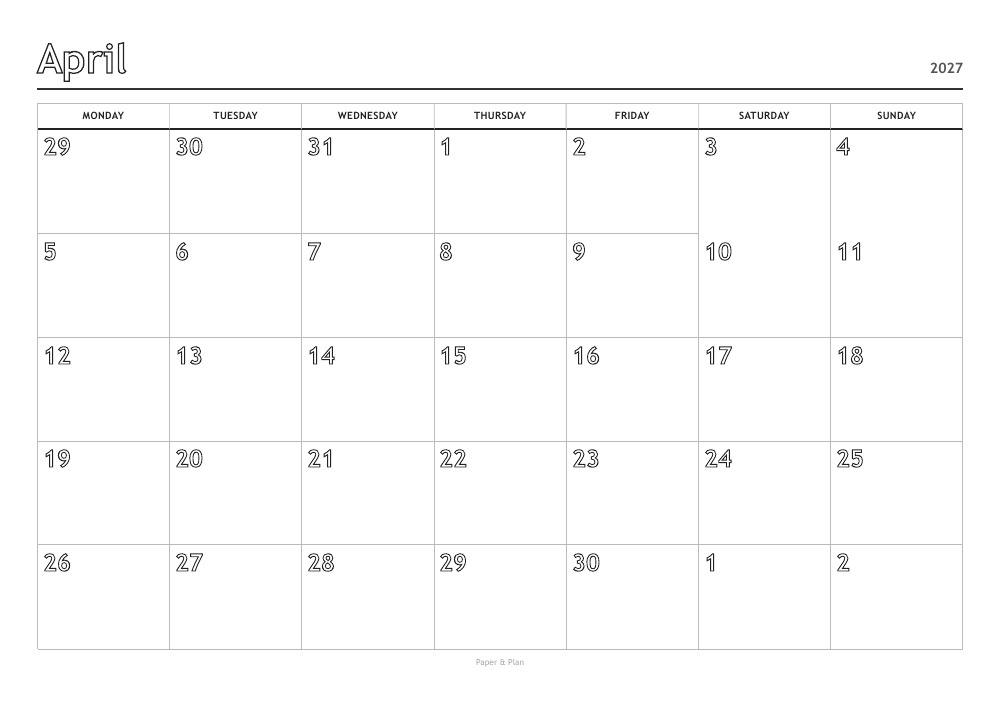April 2027 Coloring calendar preview