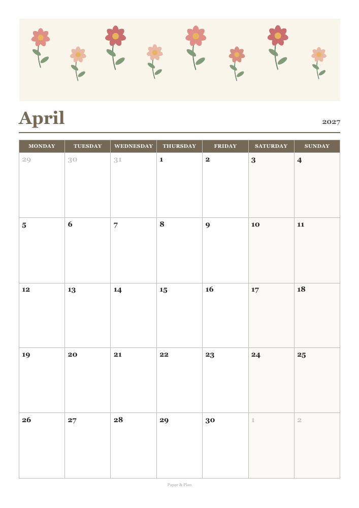 April 2027 Floral calendar preview