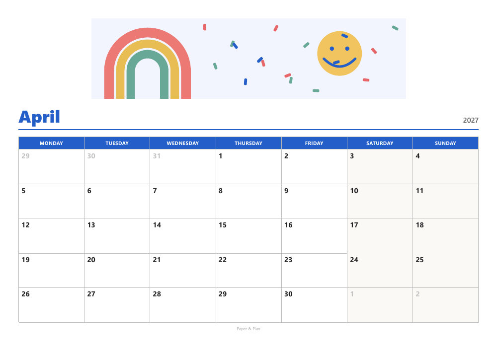 April 2027 Colorful calendar preview