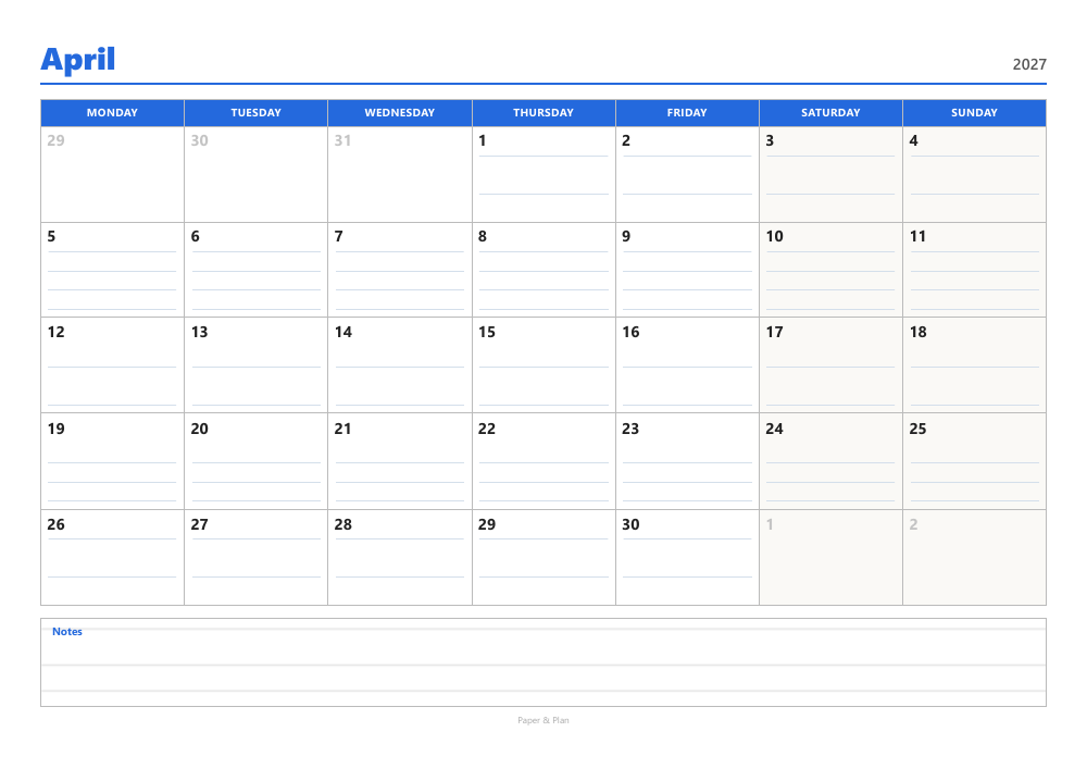 April 2027 Lined calendar preview