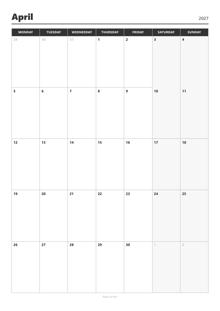 April 2027 Minimal black and white preview