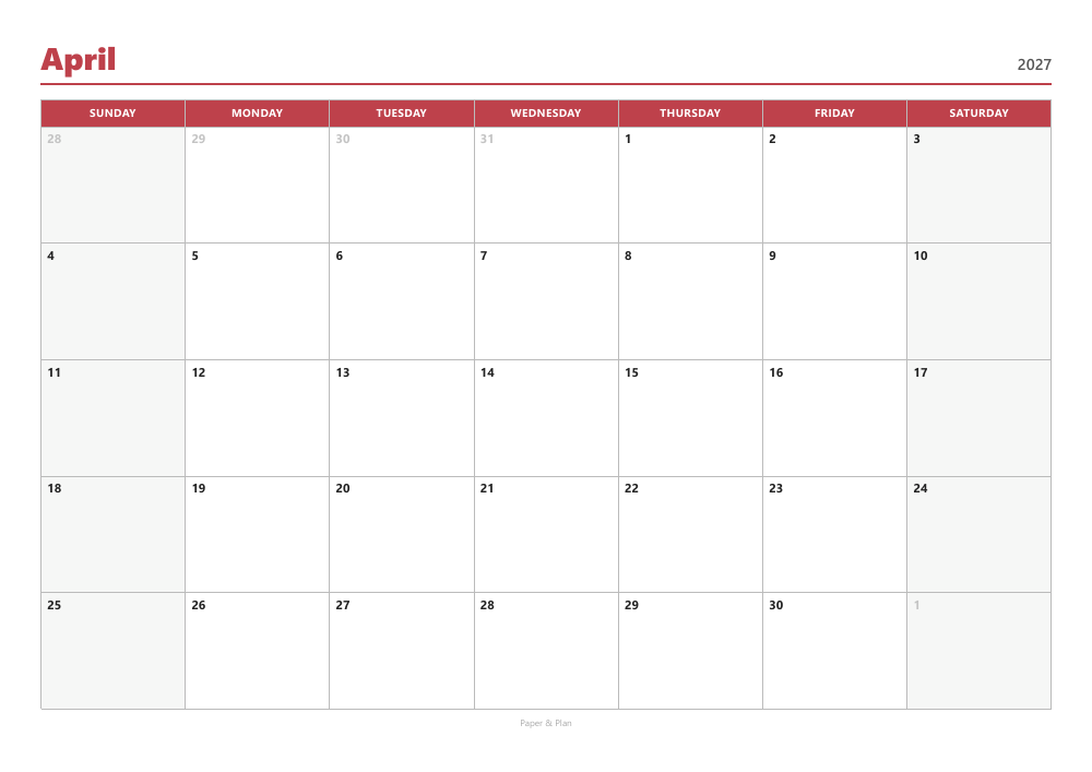 April 2027 Sunday-start calendar preview