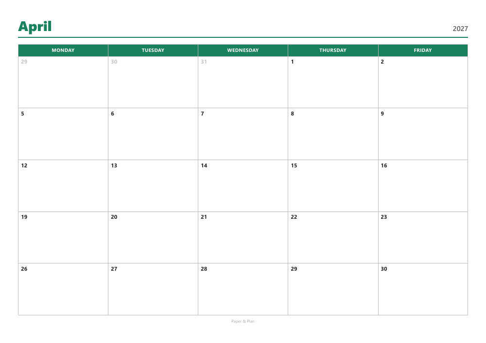 April 2027 Workweek planner preview