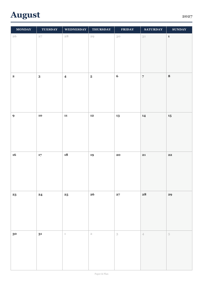 August 2027 Classic calendar preview