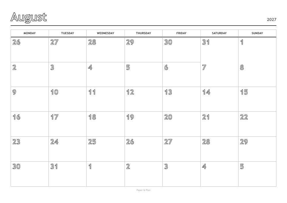 August 2027 Coloring calendar preview