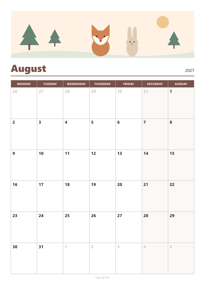 August 2027 Cute calendar preview