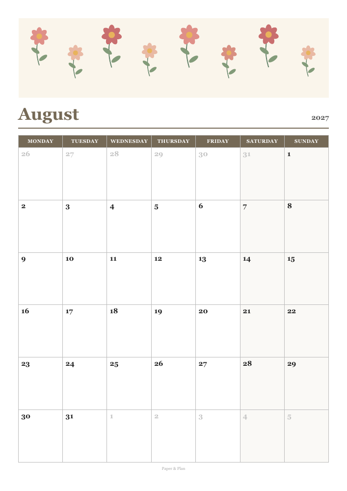 August 2027 Floral calendar preview