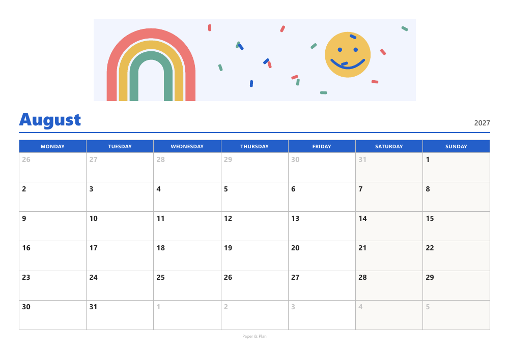 August 2027 Colorful calendar preview