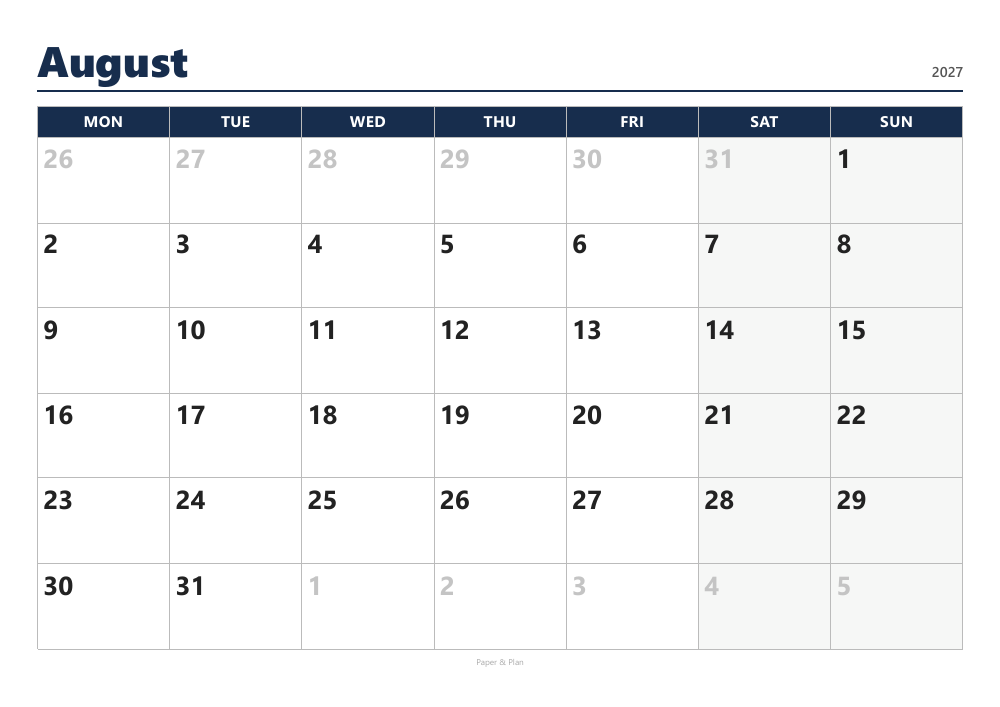 August 2027 Large-print calendar preview