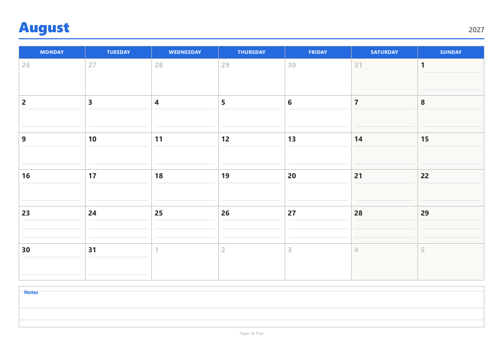August 2027 Lined calendar preview