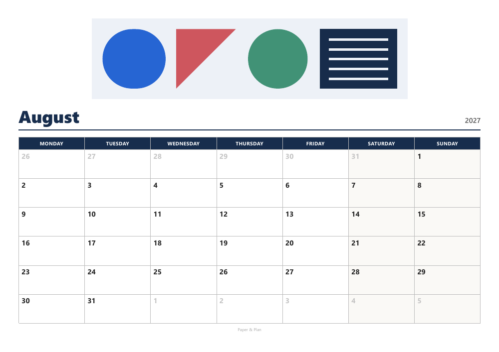 August 2027 Modern calendar preview