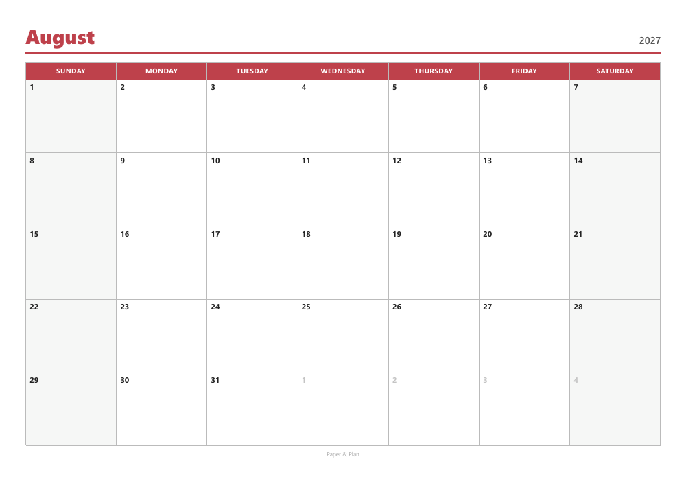 August 2027 Sunday-start calendar preview