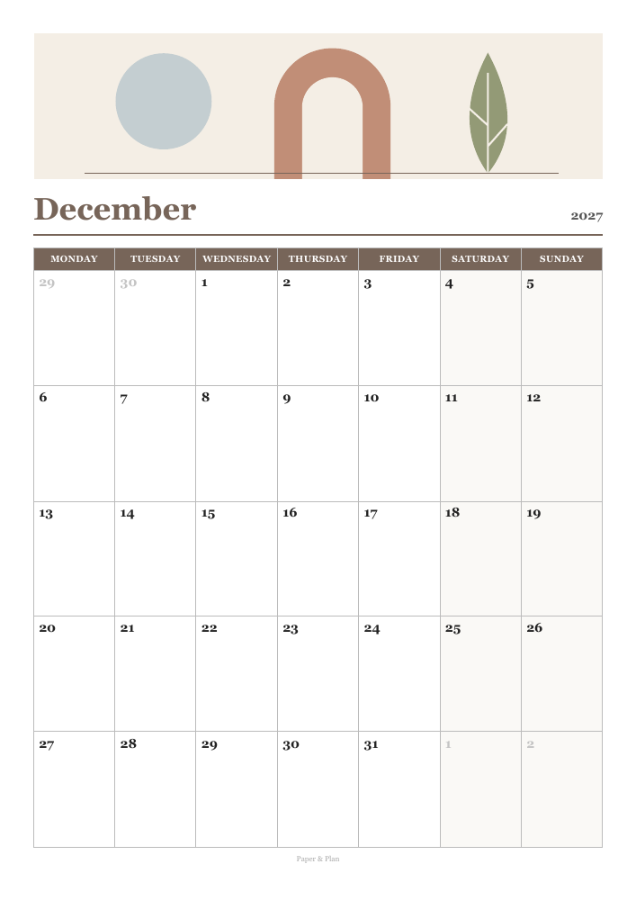 December 2027 Aesthetic calendar preview