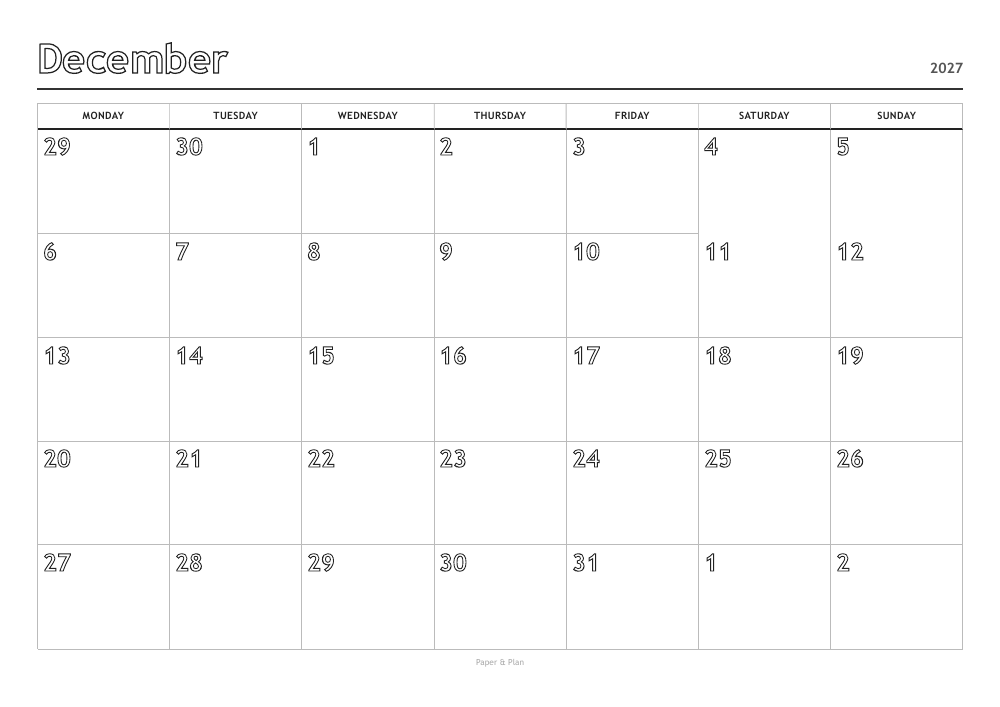 December 2027 Coloring calendar preview