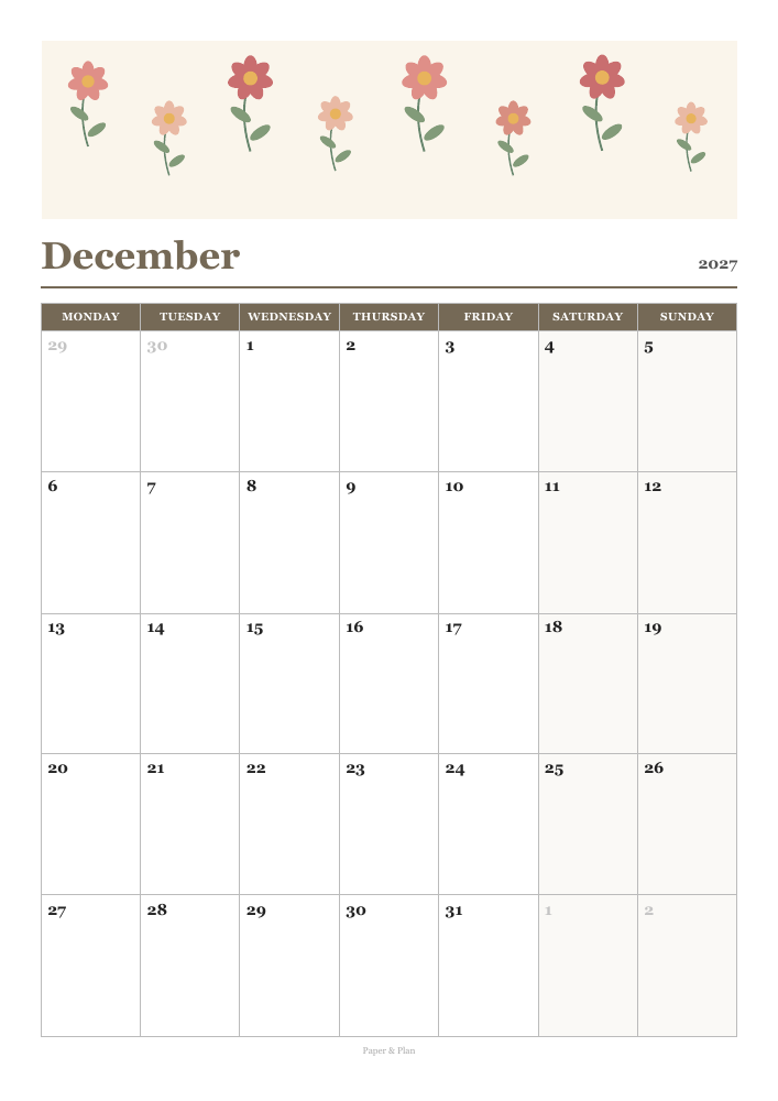 December 2027 Floral calendar preview