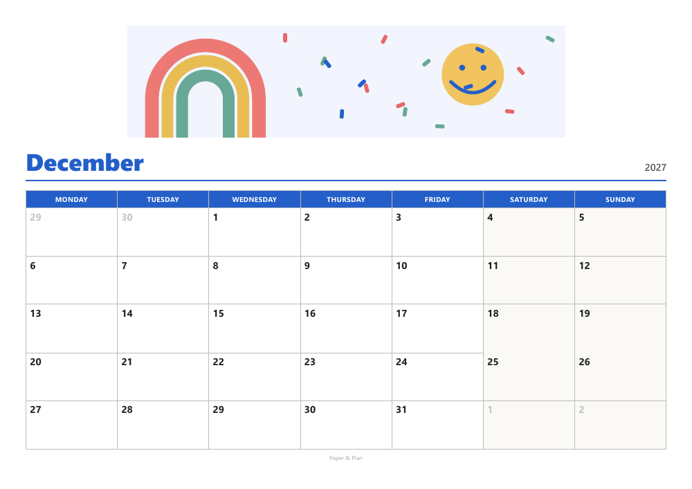 December 2027 Colorful calendar preview
