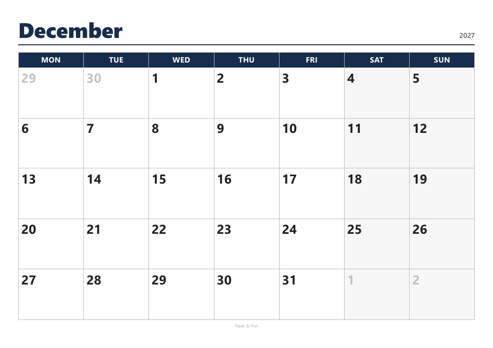 December 2027 Large-print calendar preview