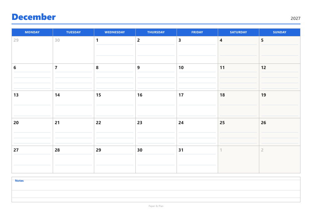 December 2027 Lined calendar preview