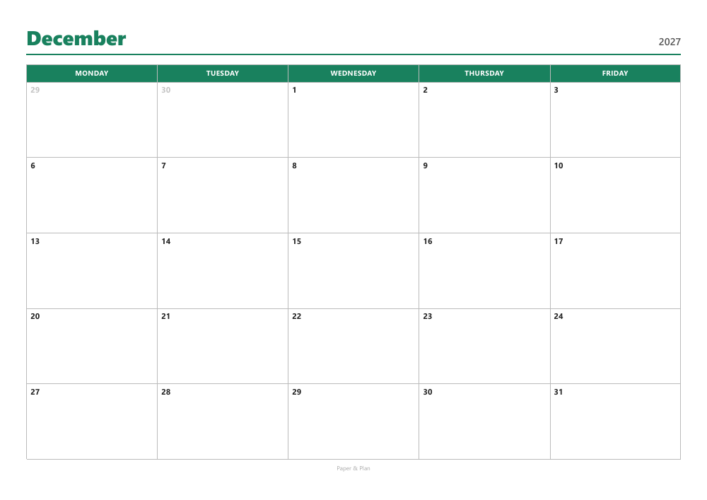 December 2027 Workweek planner preview