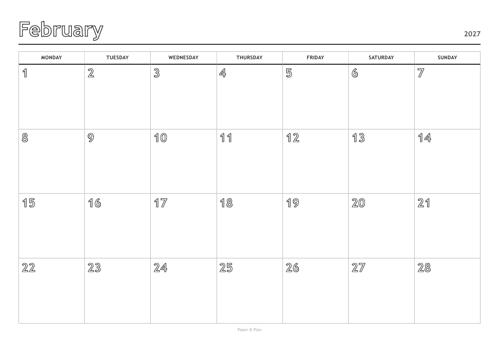February 2027 Coloring calendar preview