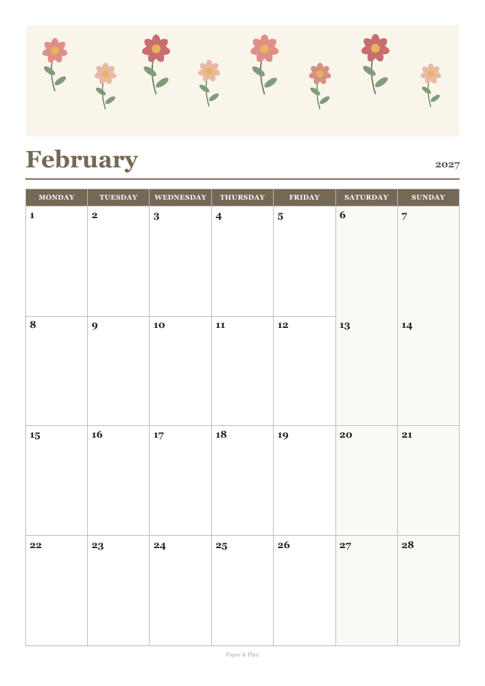 February 2027 Floral calendar preview