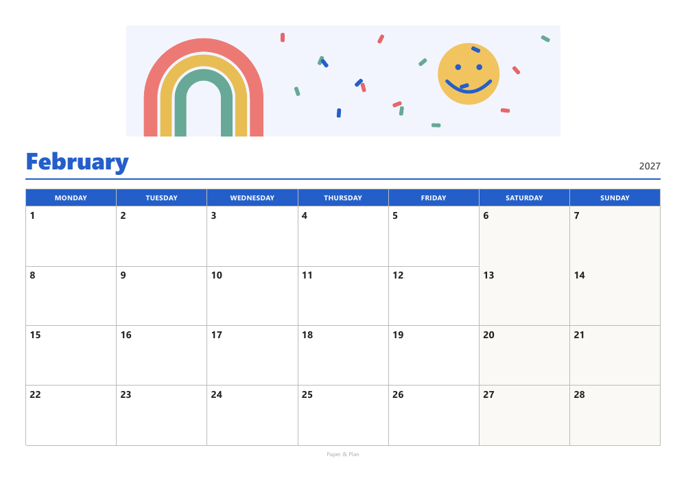 February 2027 Colorful calendar preview