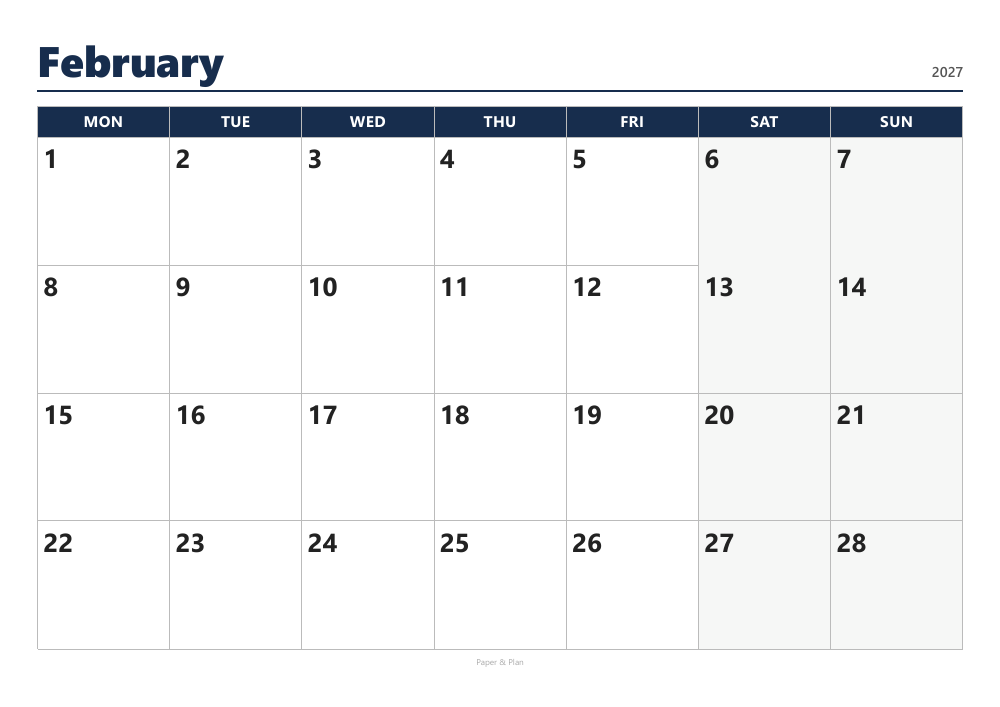 February 2027 Large-print calendar preview
