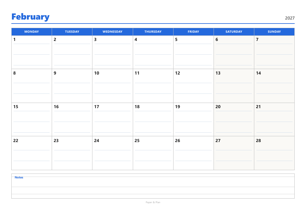 February 2027 Lined calendar preview