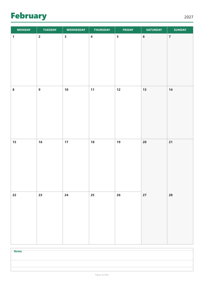 February 2027 Calendar with notes preview
