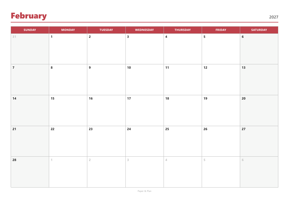 February 2027 Sunday-start calendar preview