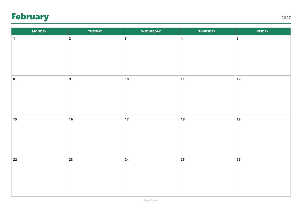 February 2027 Workweek planner preview