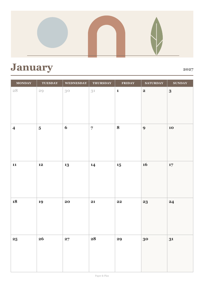 January 2027 Aesthetic calendar preview