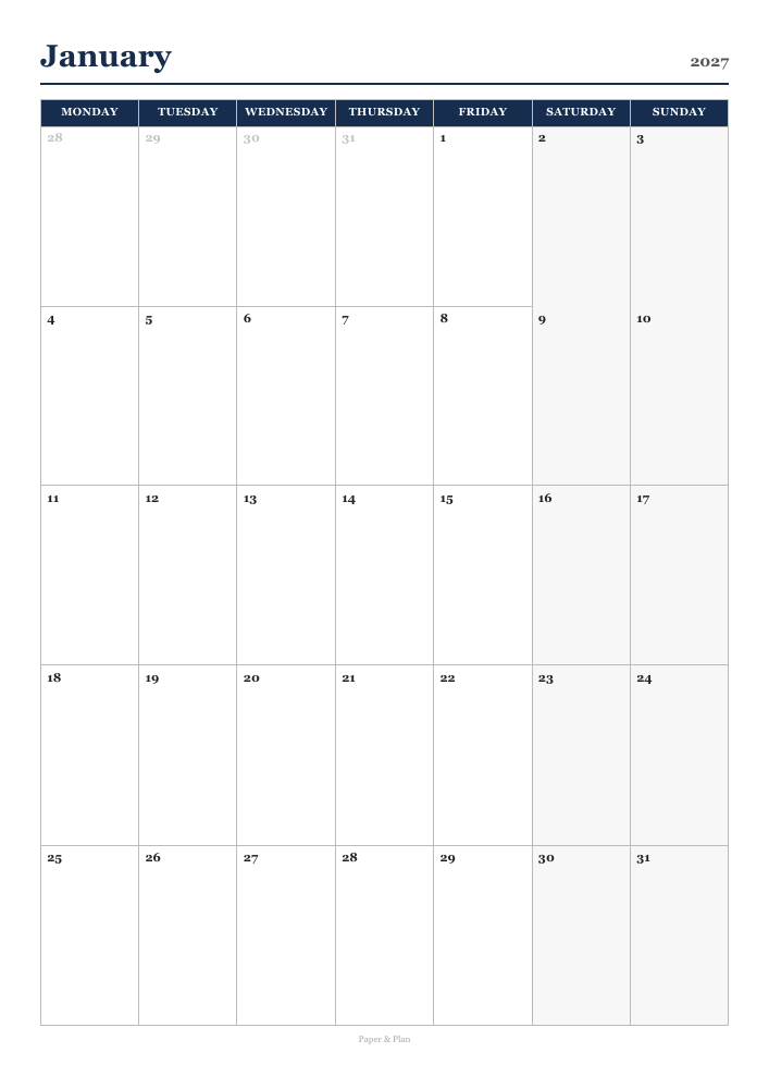 January 2027 Classic calendar preview