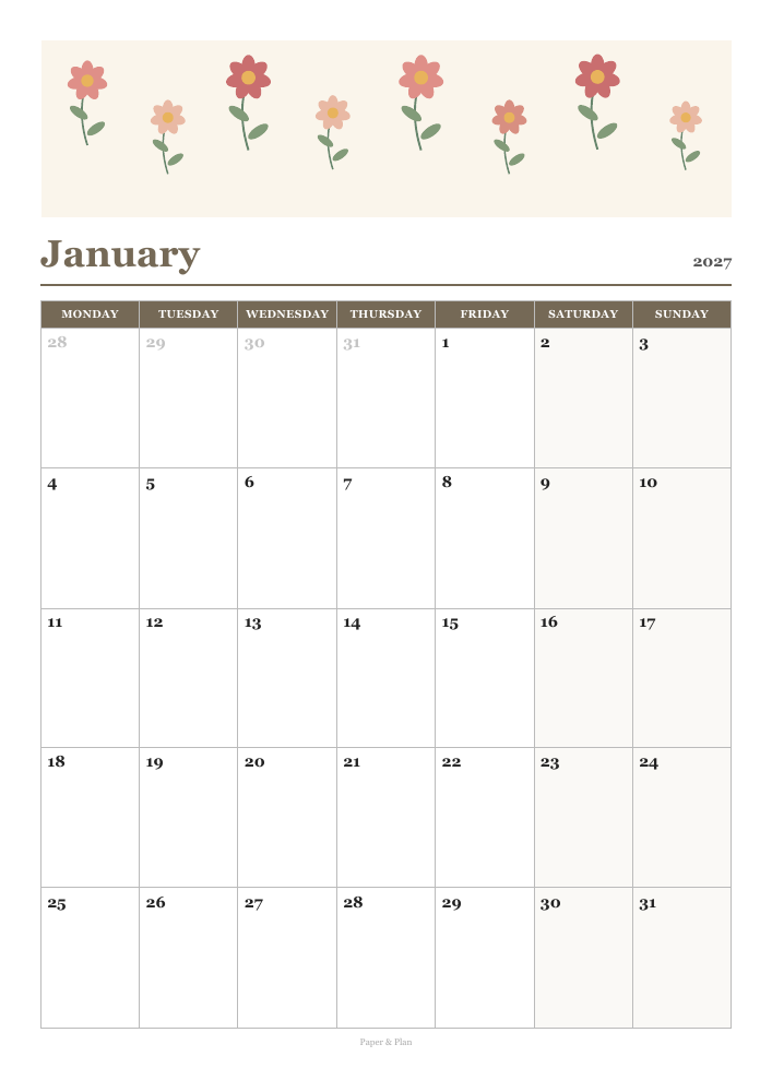 January 2027 Floral calendar preview