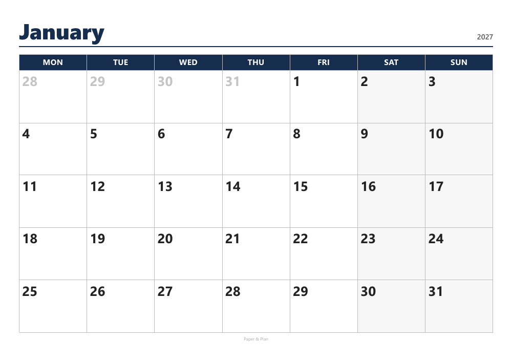 January 2027 Large-print calendar preview