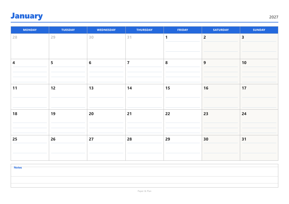 January 2027 Lined calendar preview