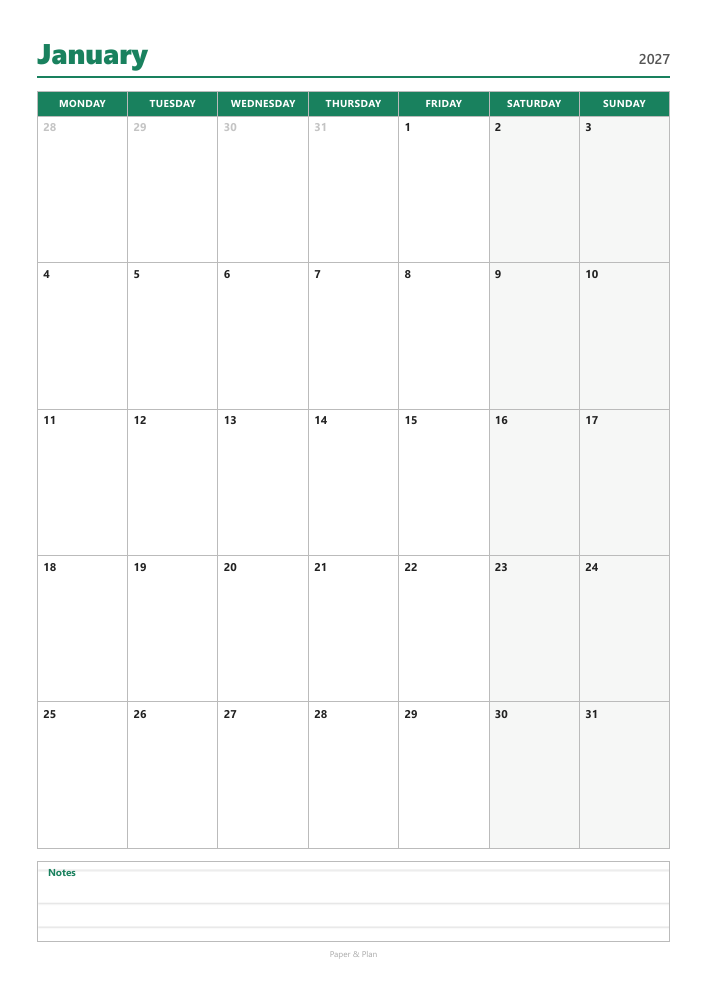 January 2027 Calendar with notes preview