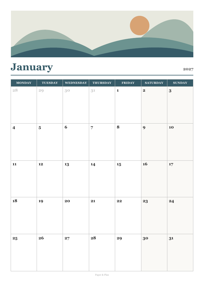 January 2027 Wall-art calendar preview