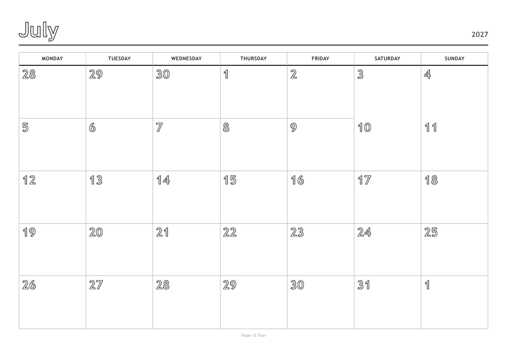 July 2027 Coloring calendar preview