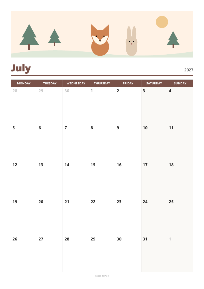 July 2027 Cute calendar preview