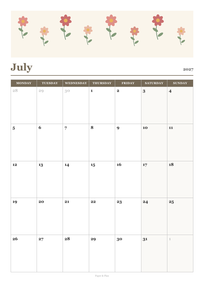 July 2027 Floral calendar preview