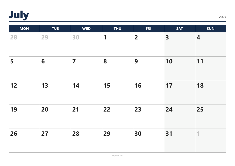 July 2027 Large-print calendar preview