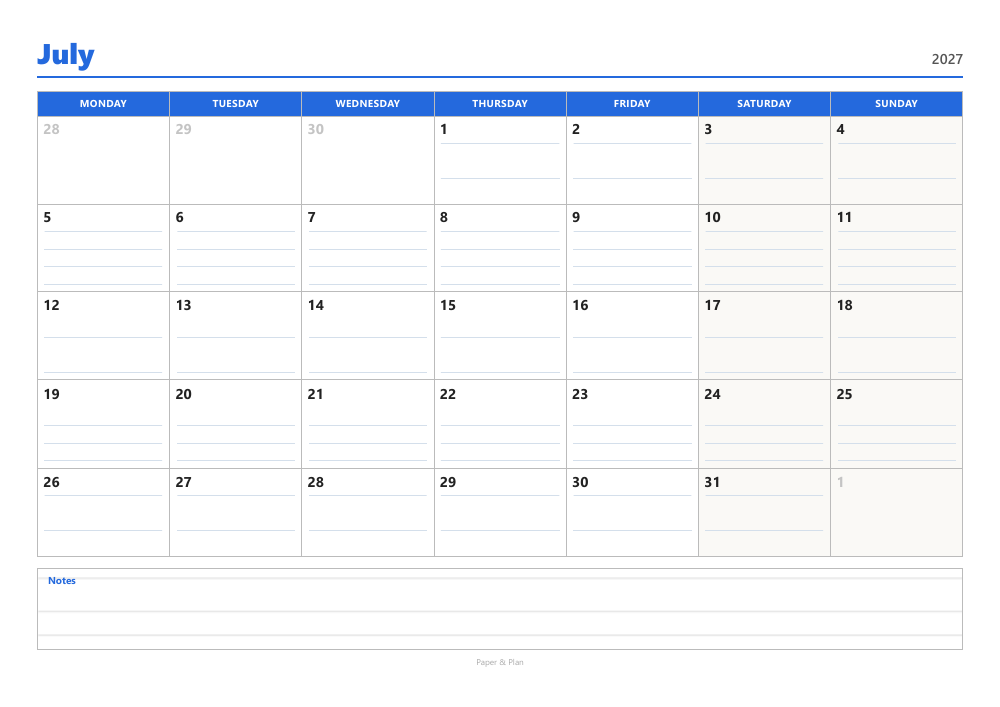 July 2027 Lined calendar preview