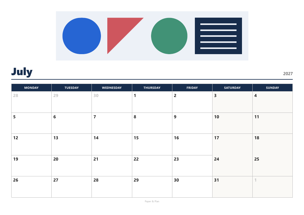 July 2027 Modern calendar preview