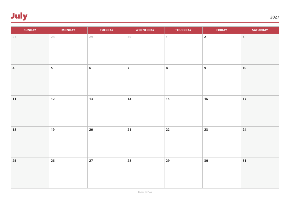 July 2027 Sunday-start calendar preview