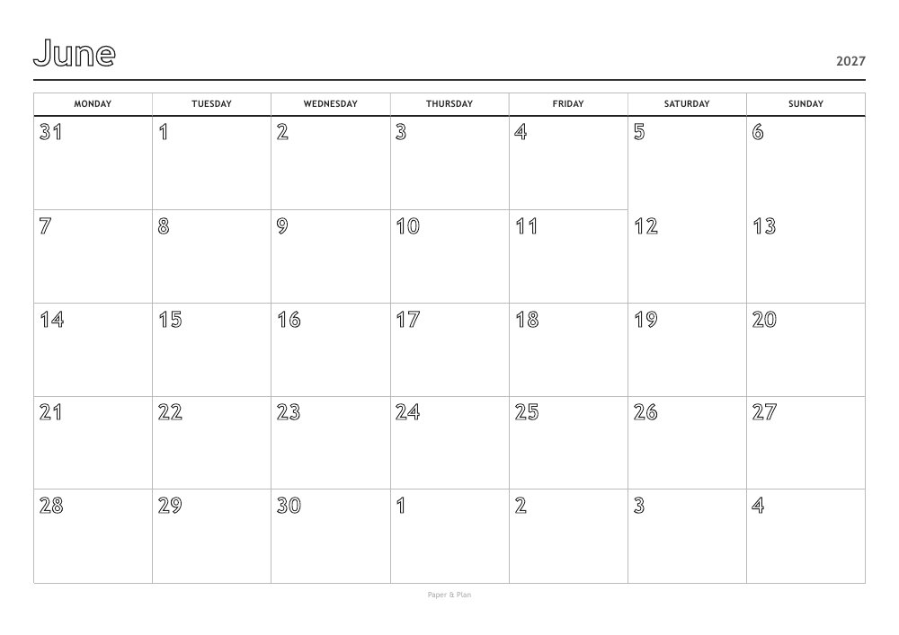 June 2027 Coloring calendar preview