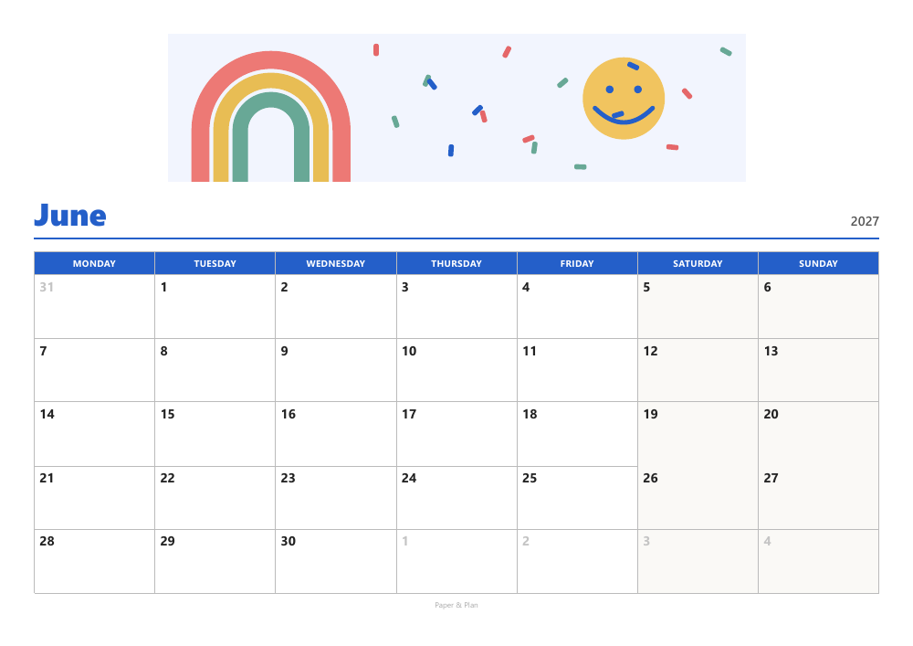 June 2027 Colorful calendar preview