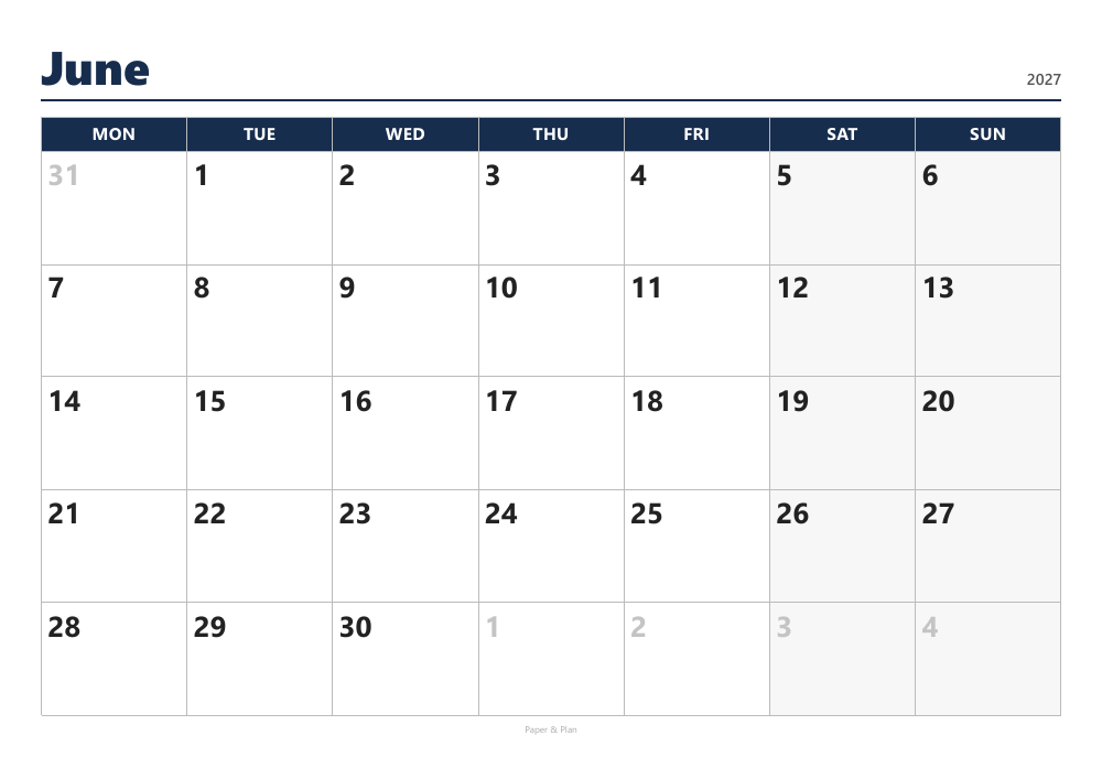 June 2027 Large-print calendar preview
